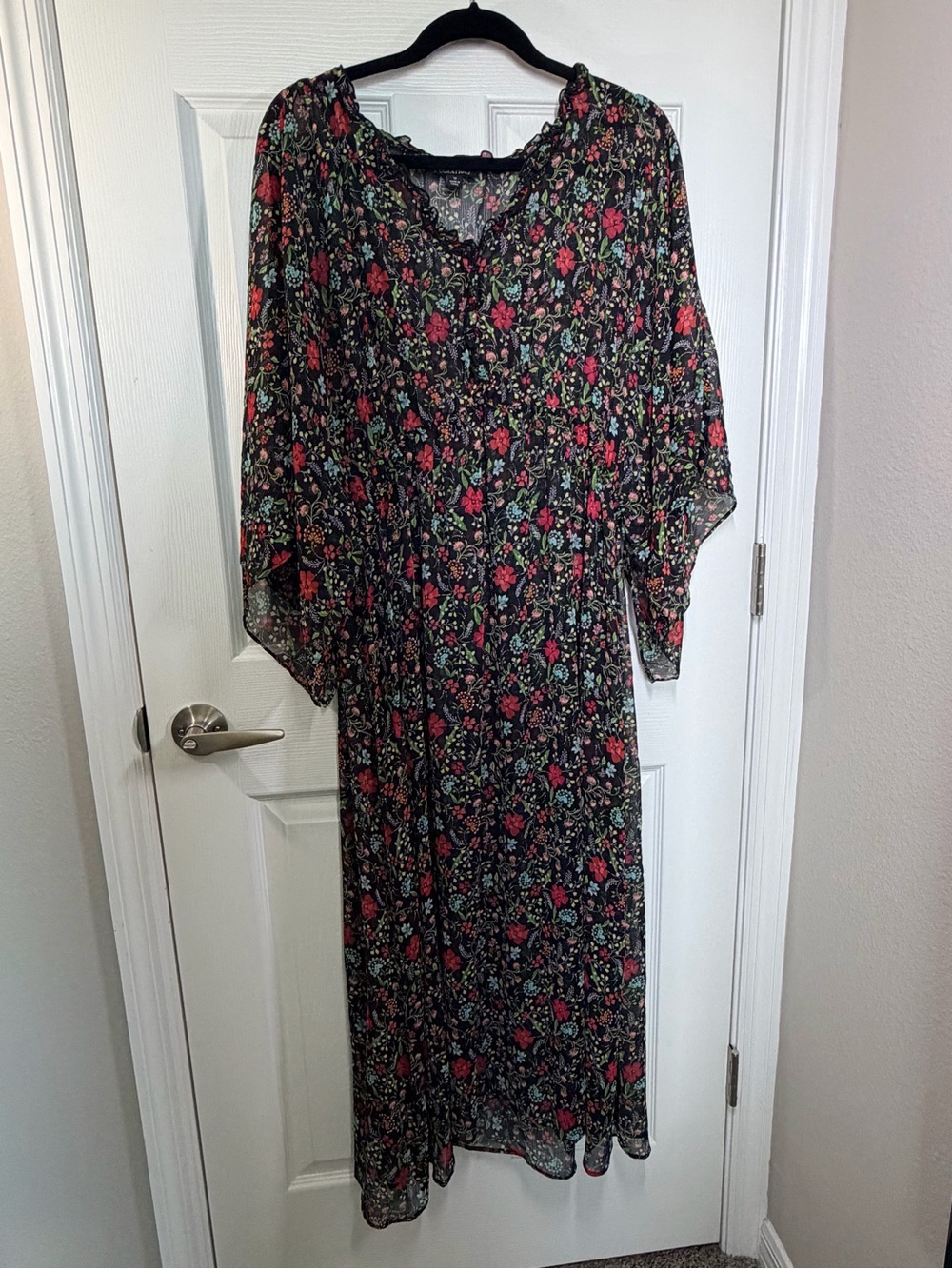 Black Floral Maxi Dress with Red and Green Blooms